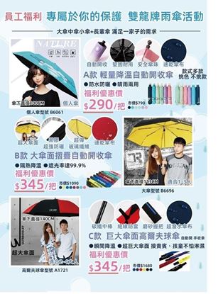 圖片 雙龍牌 雨傘(A輕量降溫自動開收傘/B大傘面摺疊自動開收傘/C巨大傘面高爾夫球傘)