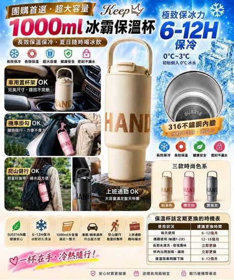 圖片 頂規 316不鏽鋼內膽 手提款 1000ML大容量隨身保冰/溫杯
